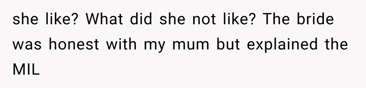 Bride’s MIL Pays for the Dress to Control It, Then the Designer Refunds Her and Changes Everything she like? What did she not like? The bride was honest with my mum but explained the MIL