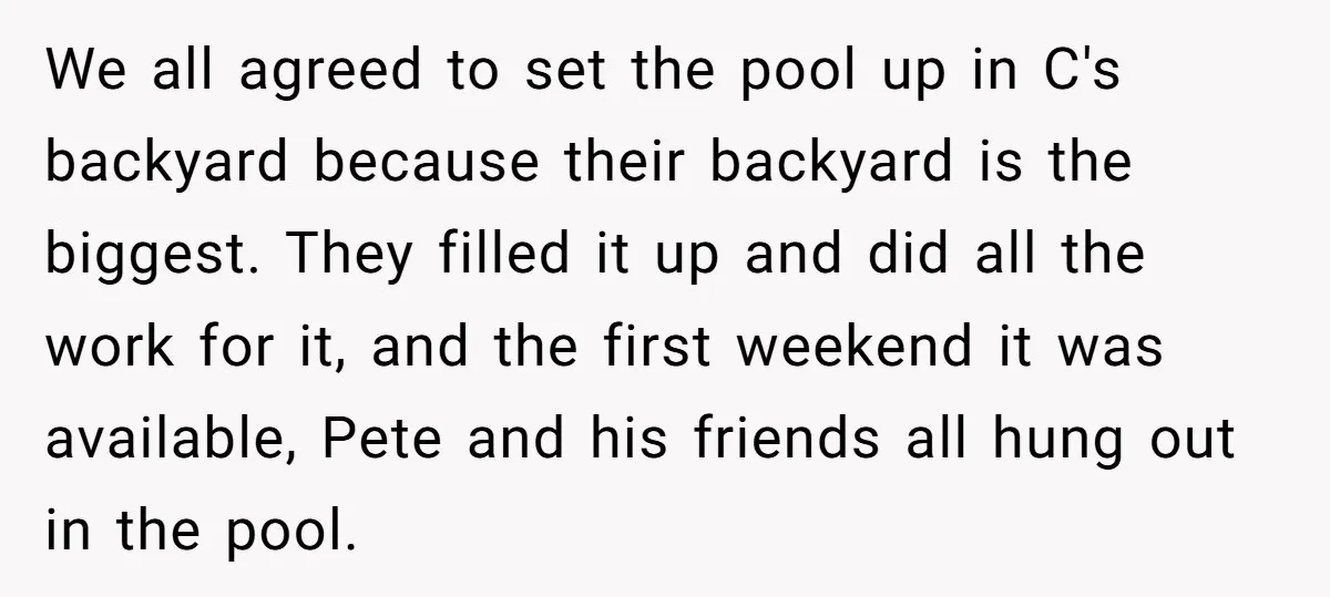 We all agreed to set the pool up in C's backyard because their backyard is the biggest. They filled it up and did all the work for it, and the...