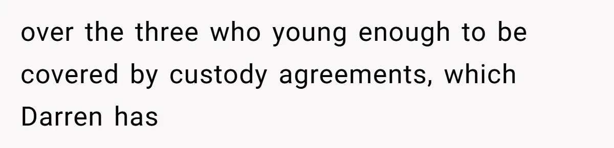 Woman Leaves Wedding After Friend Seats Her Beside the Ex Who Assaulted Their Daughter over the three who young enough to be covered by custody agreements, which Darren has