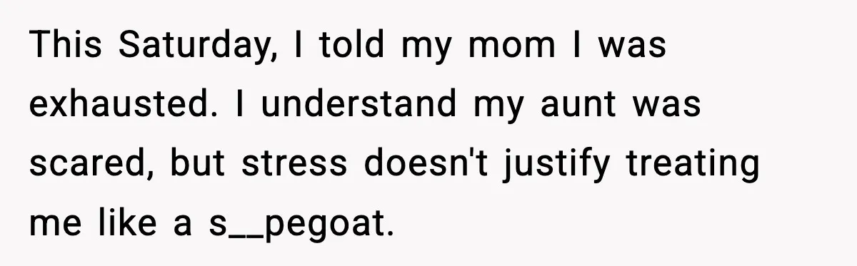 This Saturday, I told my mom I was exhausted. I understand my aunt was scared, but stress doesn't justify treating me like a s__pegoat.