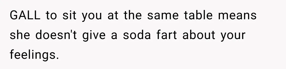 Woman Leaves Wedding After Friend Seats Her Beside the Ex Who Assaulted Their Daughter GALL to sit you at the same table means she doesn't give a soda fart about your feelings.