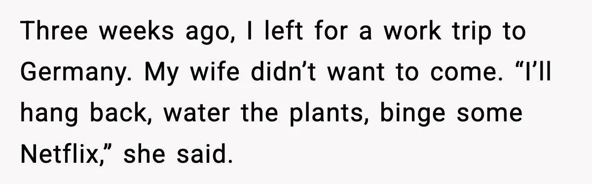 Three weeks ago, I left for a work trip to Germany. My wife didn’t want to come. “I’ll hang back, water the plants, binge some Netflix,” she said.