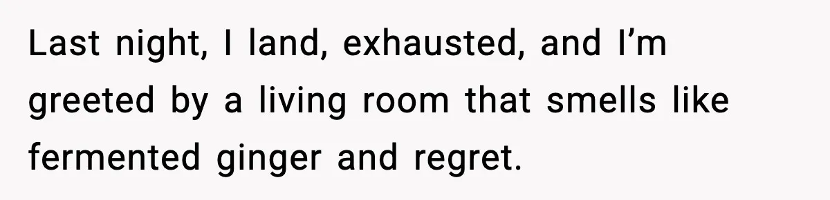 Last night, I land, exhausted, and I’m greeted by a living room that smells like fermented ginger and regret.