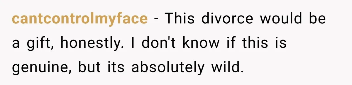 He Threatened Divorce After His Wife Asked for Space, But His Real Problem Was Never Her cantcontrolmyface − This divorce would be a gift, honestly. I don't know if this is genuine, but its absolutely wild.