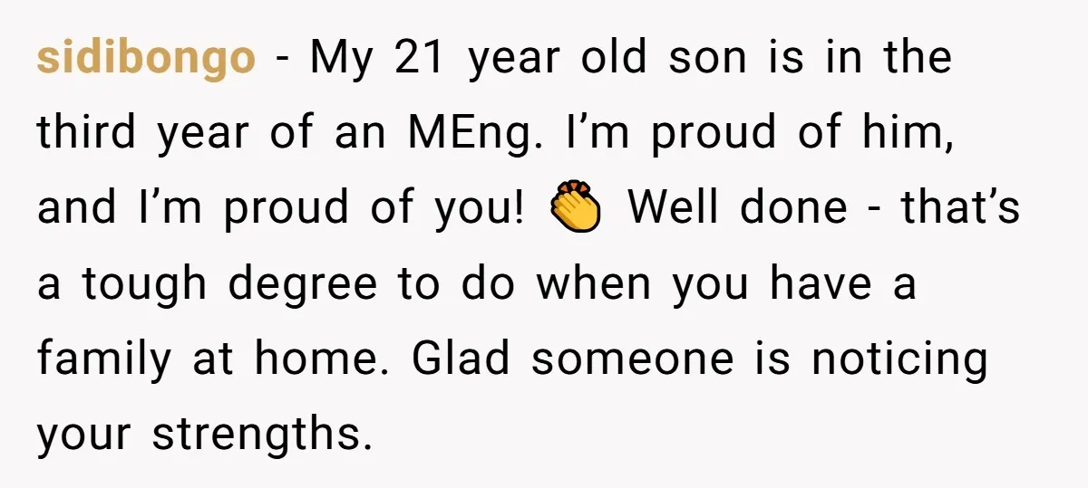 sidibongo − My 21 year old son is in the third year of an MEng. I’m proud of him, and I’m proud of you! 👏 Well done - that’s a...
