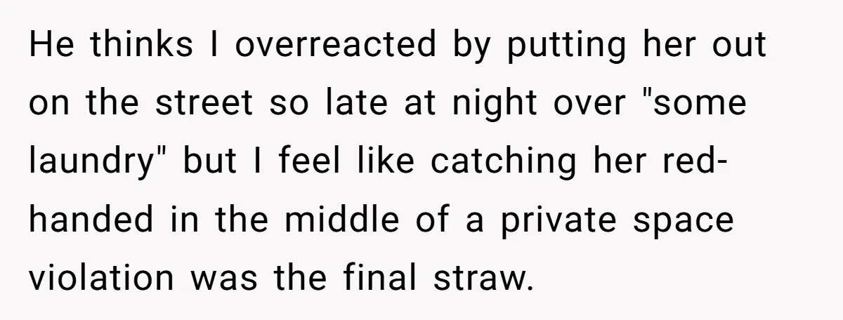 He thinks I overreacted by putting her out on the street so late at night over "some laundry" but I feel like catching her red-handed in the middle of a...