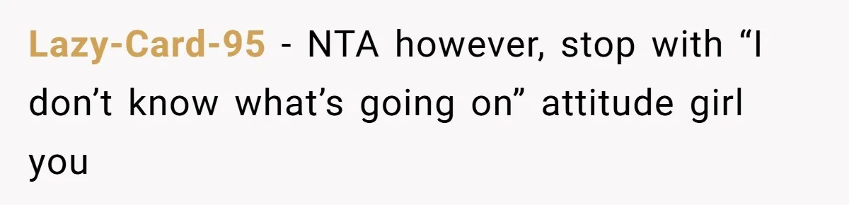 Lazy-Card-95 − NTA however, stop with “I don’t know what’s going on” attitude girl you