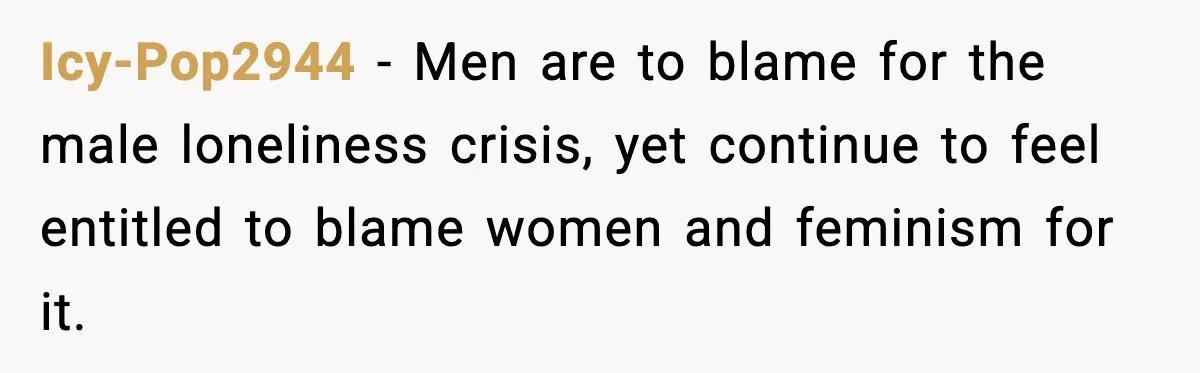 Icy-Pop2944 − Men are to blame for the male loneliness crisis, yet continue to feel entitled to blame women and feminism for it.