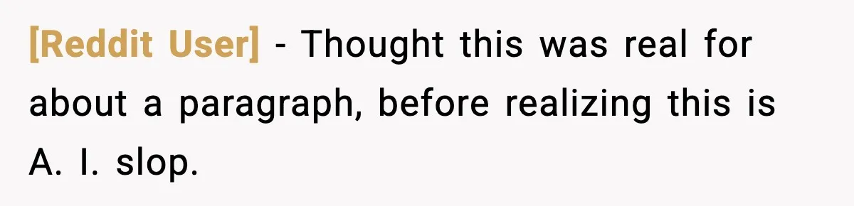 [Reddit User] − Thought this was real for about a paragraph, before realizing this is A. I. slop.