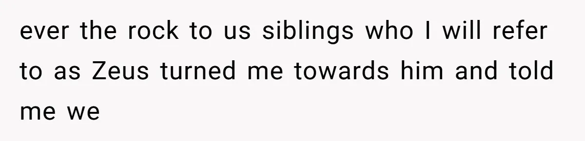 ever the rock to us siblings who I will refer to as Zeus turned me towards him and told me we