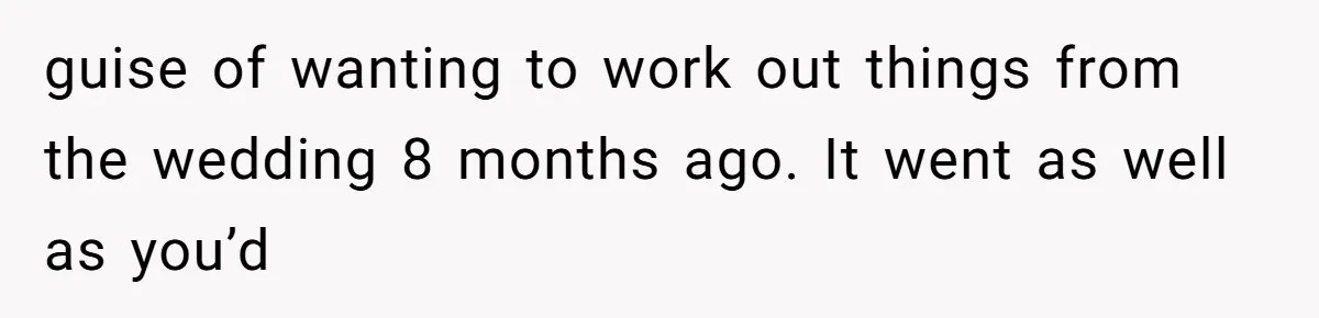 guise of wanting to work out things from the wedding 8 months ago. It went as well as you’d