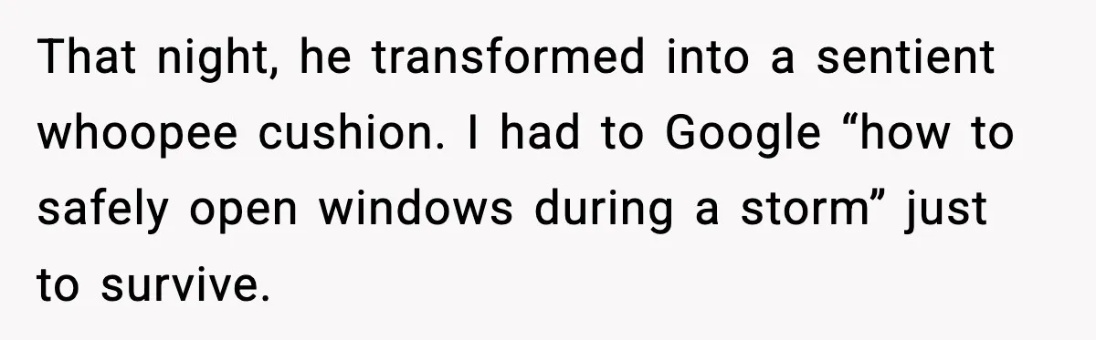 That night, he transformed into a sentient whoopee cushion. I had to Google “how to safely open windows during a storm” just to survive.