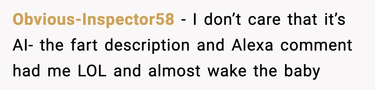 Obvious-Inspector58 − I don’t care that it’s AI- the fart description and Alexa comment had me LOL and almost wake the baby