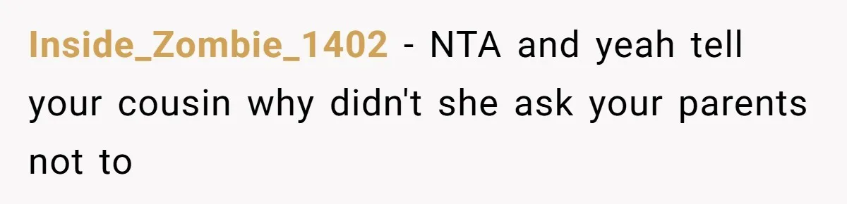 Inside_Zombie_1402 − NTA and yeah tell your cousin why didn't she ask your parents not to