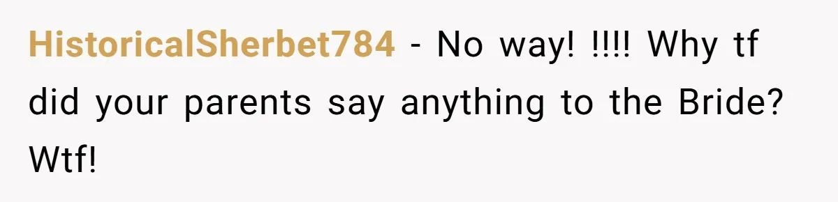HistoricalSherbet784 − No way! !!!! Why tf did your parents say anything to the Bride? Wtf!