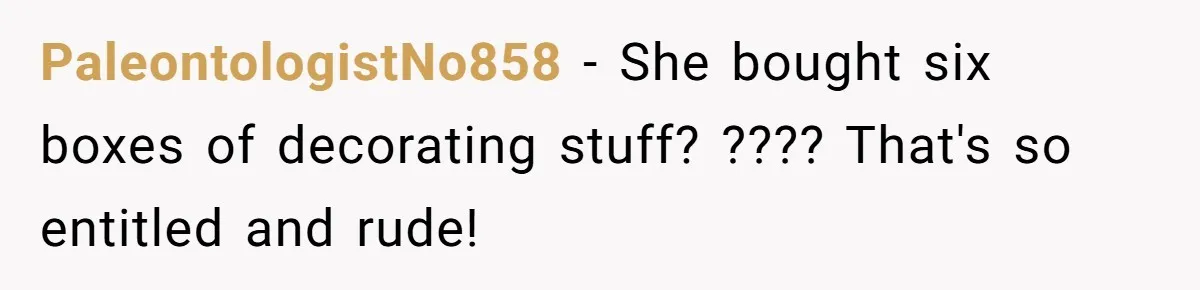 PaleontologistNo858 − She bought six boxes of decorating stuff? ???? That's so entitled and rude!