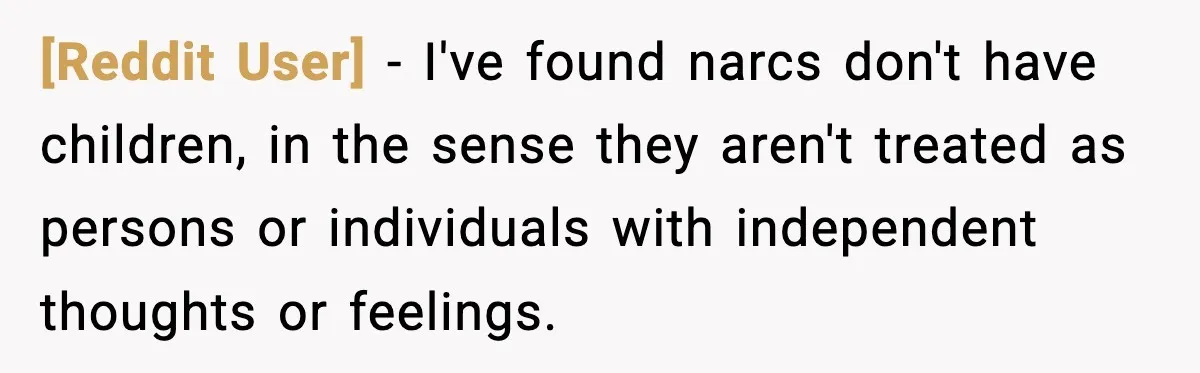 [Reddit User] − I've found narcs don't have children, in the sense they aren't treated as persons or individuals with independent thoughts or feelings.