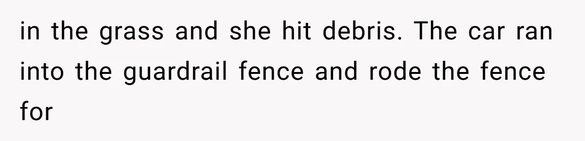 in the grass and she hit debris. The car ran into the guardrail fence and rode the fence for