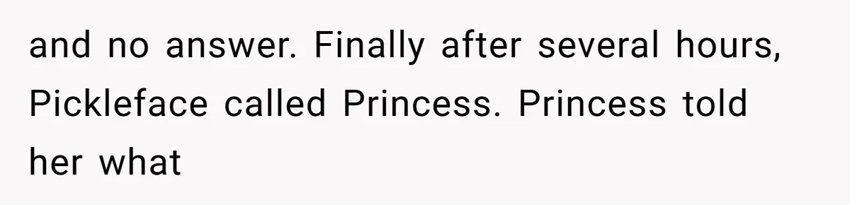 and no answer. Finally after several hours, Pickleface called Princess. Princess told her what