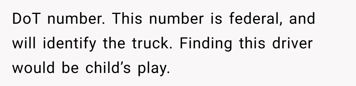 DoT number. This number is federal, and will identify the truck. Finding this driver would be child’s play.