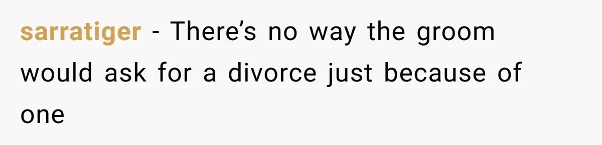 sarratiger − There’s no way the groom would ask for a divorce just because of one
