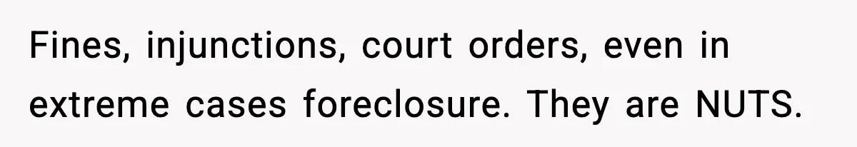 Fines, injunctions, court orders, even in extreme cases foreclosure. They are NUTS.