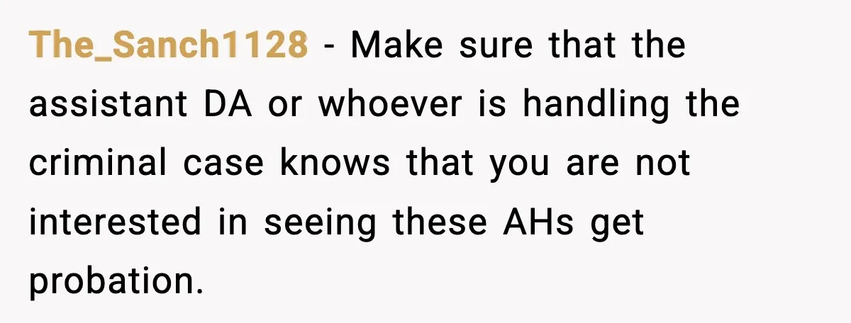 The_Sanch1128 − Make sure that the assistant DA or whoever is handling the criminal case knows that you are not interested in seeing these AHs get probation.