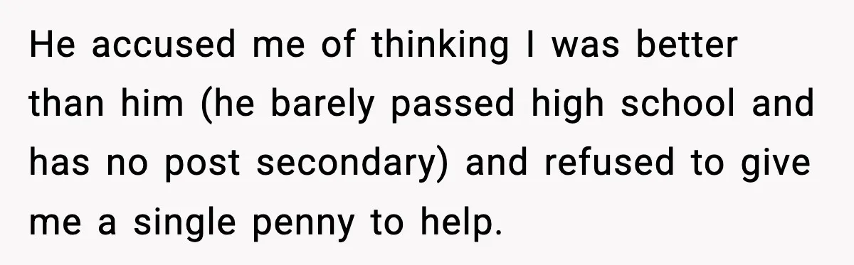 He accused me of thinking I was better than him (he barely passed high school and has no post secondary) and refused to give me a single penny to help.