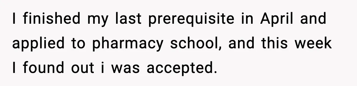 I finished my last prerequisite in April and applied to pharmacy school, and this week I found out i was accepted.