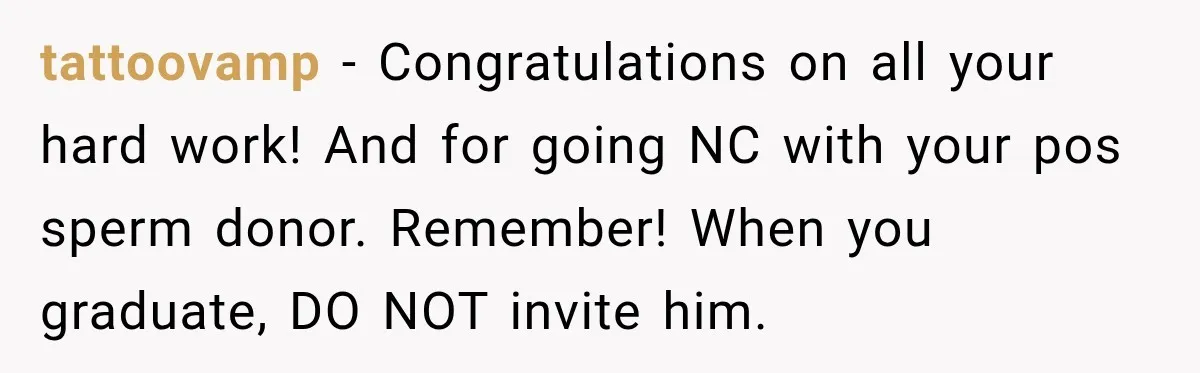 tattoovamp − Congratulations on all your hard work! And for going NC with your pos sperm donor. Remember! When you graduate, DO NOT invite him.