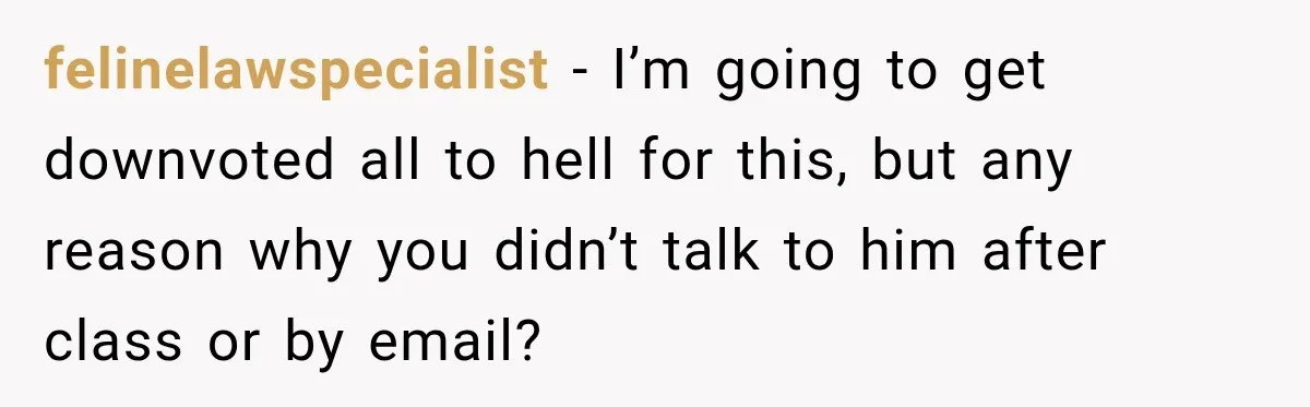 felinelawspecialist − I’m going to get downvoted all to hell for this, but any reason why you didn’t talk to him after class or by email?