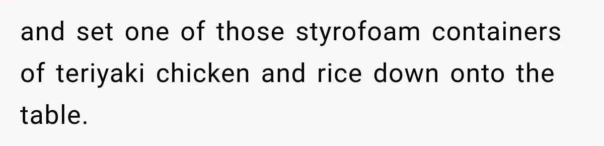and set one of those styrofoam containers of teriyaki chicken and rice down onto the table.