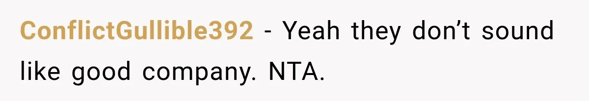 ConflictGullible392 − Yeah they don’t sound like good company. NTA.
