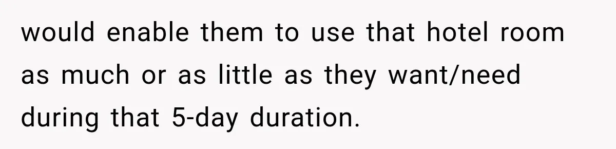Hotel Guest Arrives Two Days Late and Can’t Believe Her Room Wasn’t Still Waiting would enable them to use that hotel room as much or as little as they want/need during that 5-day duration.