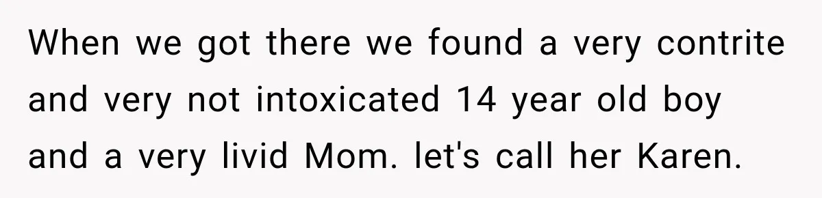 When we got there we found a very contrite and very not intoxicated 14 year old boy and a very livid Mom. let's call her Karen.
