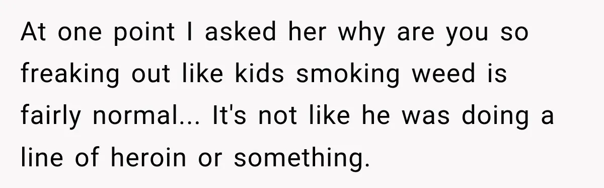 At one point I asked her why are you so freaking out like kids smoking weed is fairly normal... It's not like he was doing a line of heroin or...