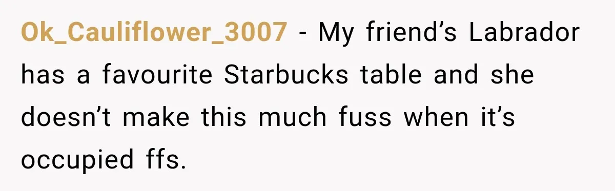 Ok_Cauliflower_3007 − My friend’s Labrador has a favourite Starbucks table and she doesn’t make this much fuss when it’s occupied ffs.