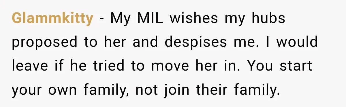 Glammkitty − My MIL wishes my hubs proposed to her and despises me. I would leave if he tried to move her in. You start your own family, not join...