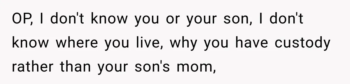 OP, I don't know you or your son, I don't know where you live, why you have custody rather than your son's mom,