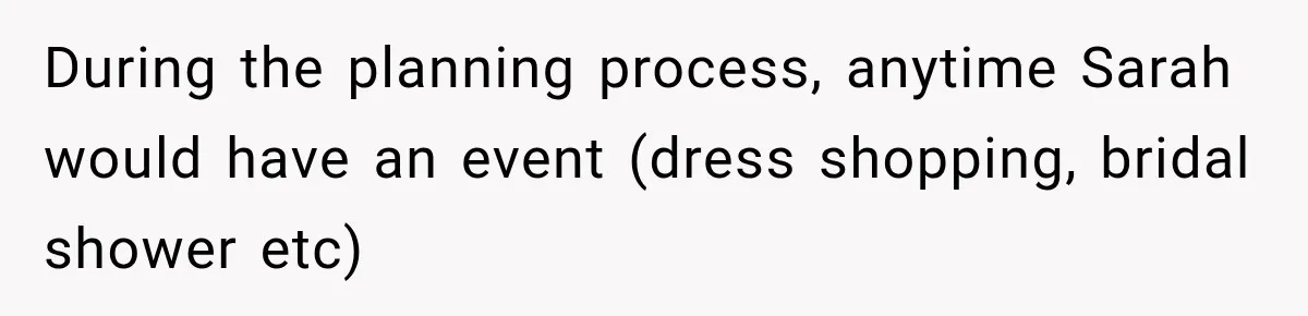 During the planning process, anytime Sarah would have an event (dress shopping, bridal shower etc)