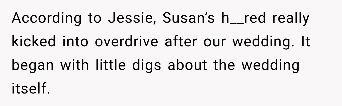 According to Jessie, Susan’s h__red really kicked into overdrive after our wedding. It began with little digs about the wedding itself.