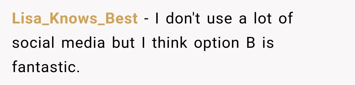 Lisa_Knows_Best − I don't use a lot of social media but I think option B is fantastic.