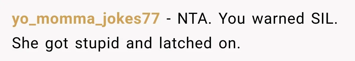yo_momma_jokes77 − NTA. You warned SIL. She got stupid and latched on.
