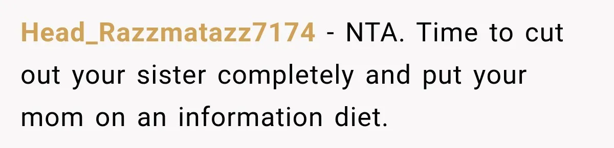Head_Razzmatazz7174 − NTA. Time to cut out your sister completely and put your mom on an information diet.