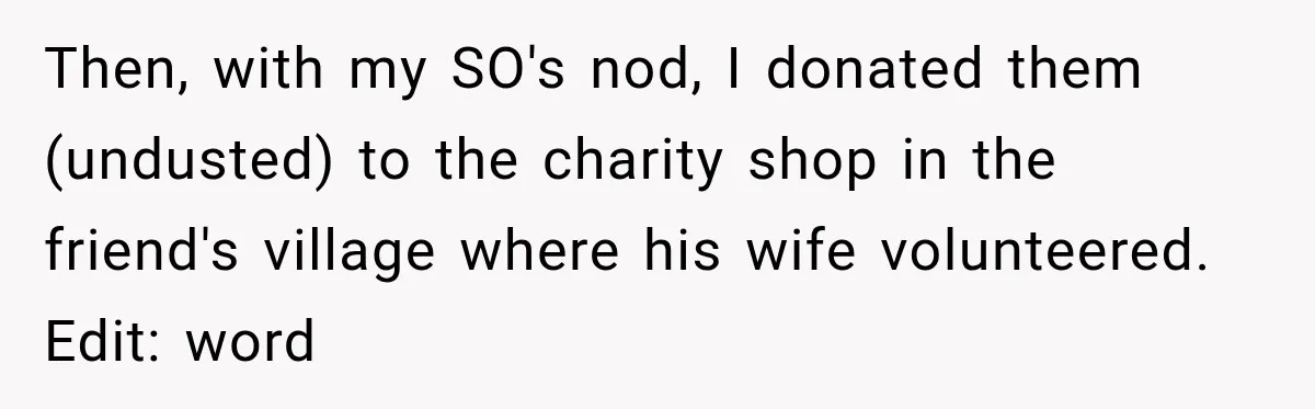Then, with my SO's nod, I donated them (undusted) to the charity shop in the friend's village where his wife volunteered. Edit: word