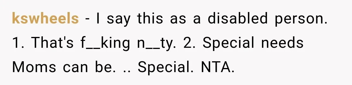 kswheels − I say this as a disabled person. 1. That's f__king n__ty. 2. Special needs Moms can be. .. Special. NTA.