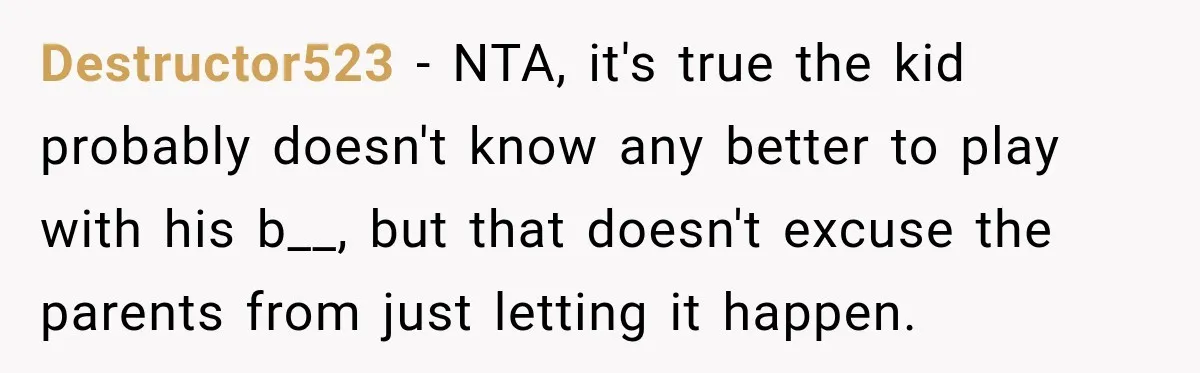 Destructor523 − NTA, it's true the kid probably doesn't know any better to play with his b__, but that doesn't excuse the parents from just letting it happen.