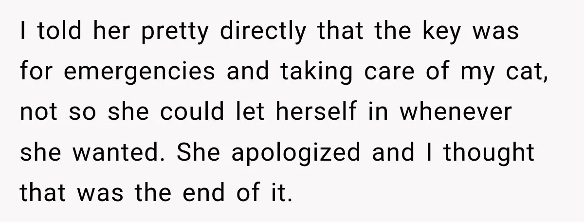 I told her pretty directly that the key was for emergencies and taking care of my cat, not so she could let herself in whenever she wanted. She apologized and...