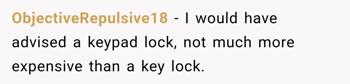 ObjectiveRepulsive18 − I would have advised a keypad lock, not much more expensive than a key lock.