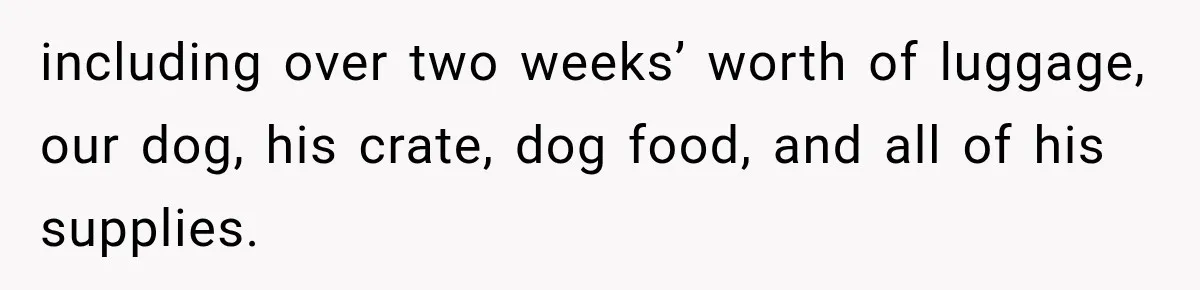 including over two weeks’ worth of luggage, our dog, his crate, dog food, and all of his supplies.